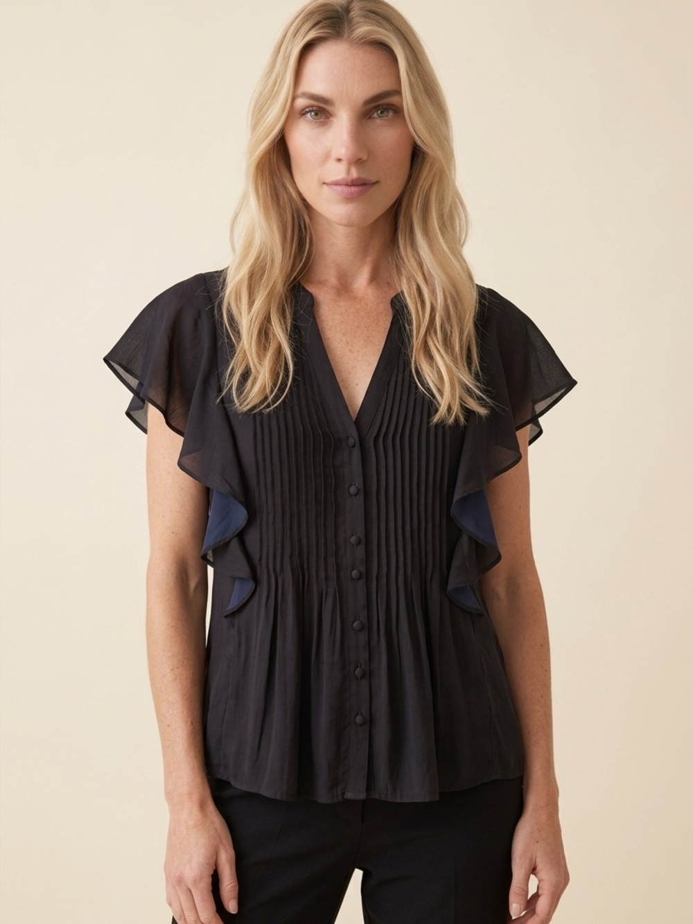 Anthropologie Black Ruffle Pintuck Blouse - Picture 5 of 13